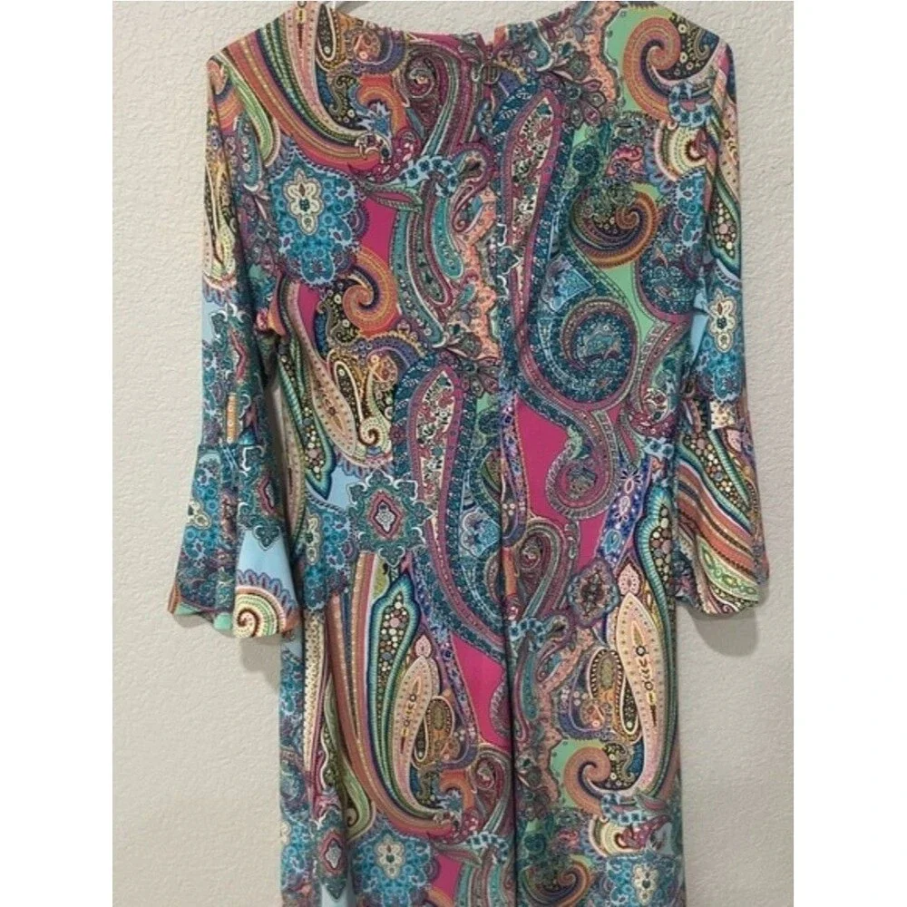 Tommy Hilfiger Dress Size 4 Blue Pink Paisley 3/4 Bell Sleeve Knee Length - Picture 3 of 4